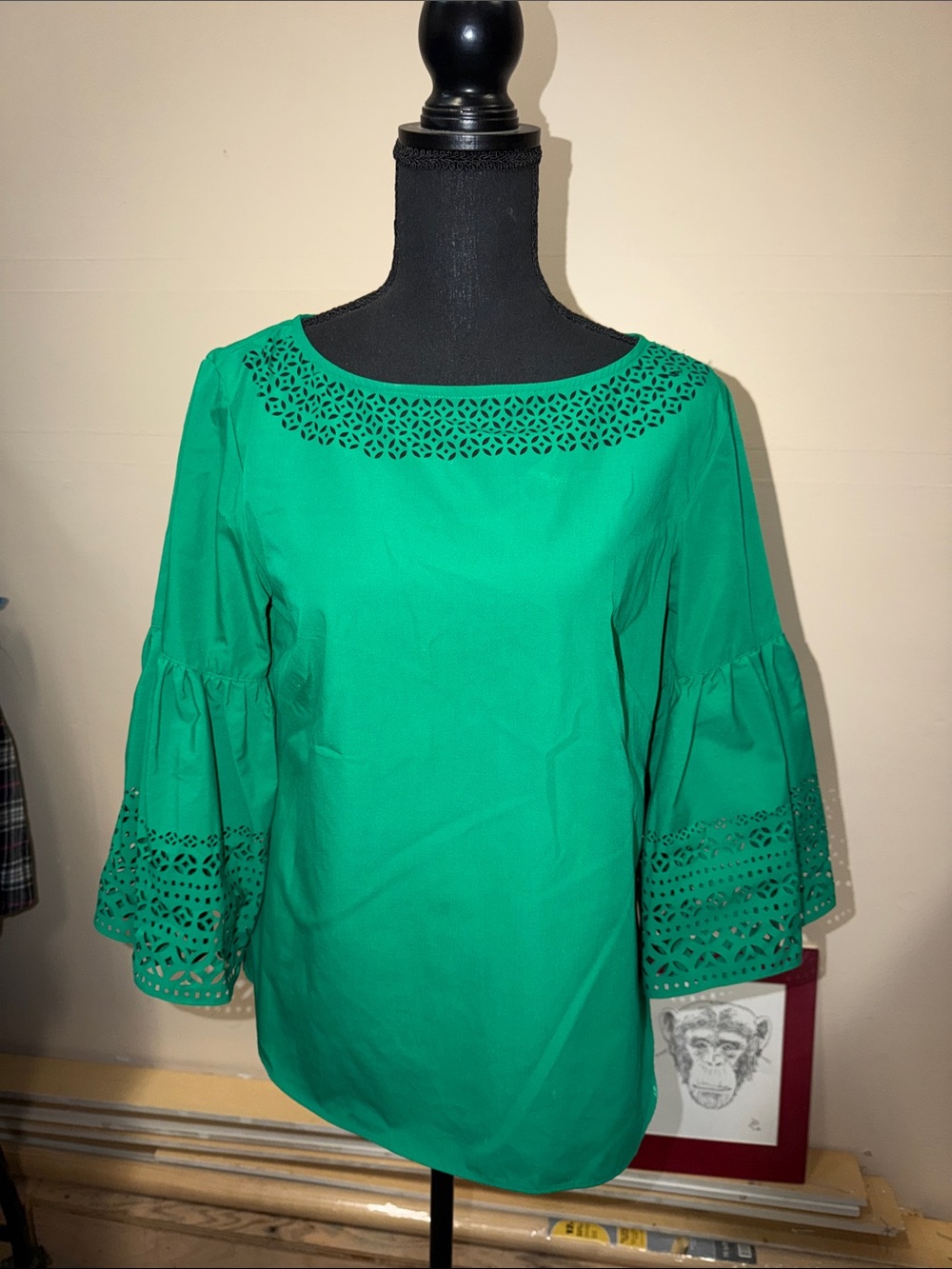 Ralph Lauren Green Eyelet-Trim Bell Sleeve Blouse